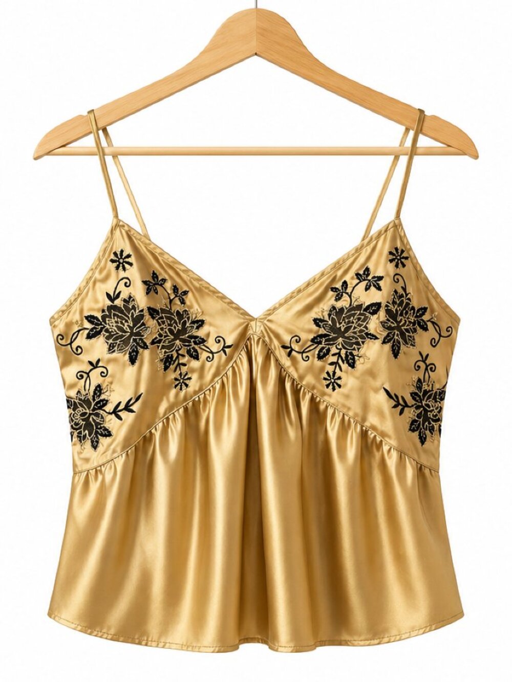 Gold Satin Embroidered Crop Top – Spaghetti Strap Floral Camisole